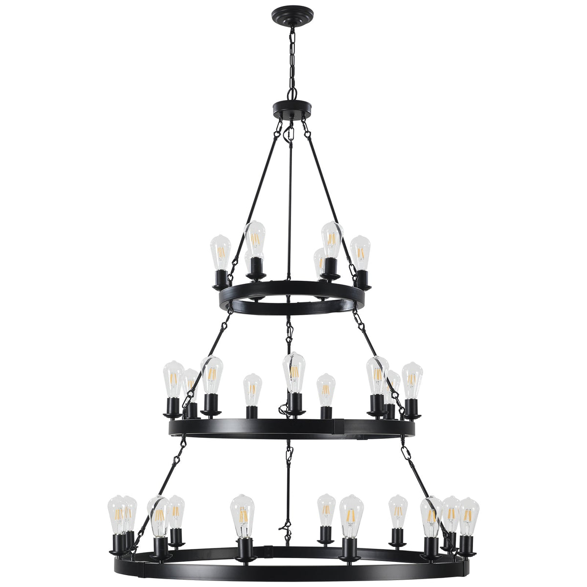 45" Retro Industrial Chandelier | 27-Light 3-Layer Black Farmhouse Pendant for High Ceiling Hall, Dining Room & Living Room — E26