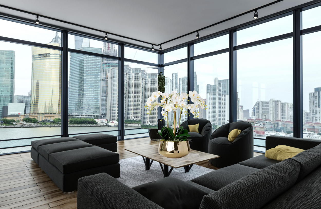 Faux orchid arrangement with white orchids in gold pot - 26"-3