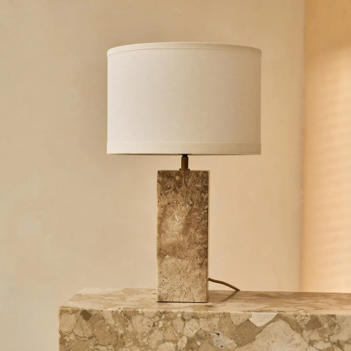 Rosie Travertine Lamp – Elegant Natural Stone with Cotton Shade-0