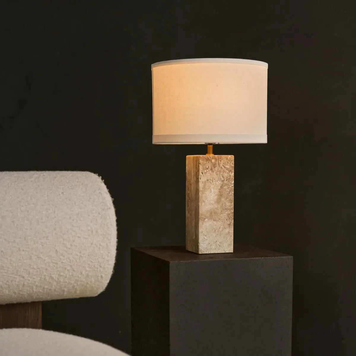 Rosie Travertine Lamp – Elegant Natural Stone with Cotton Shade-1