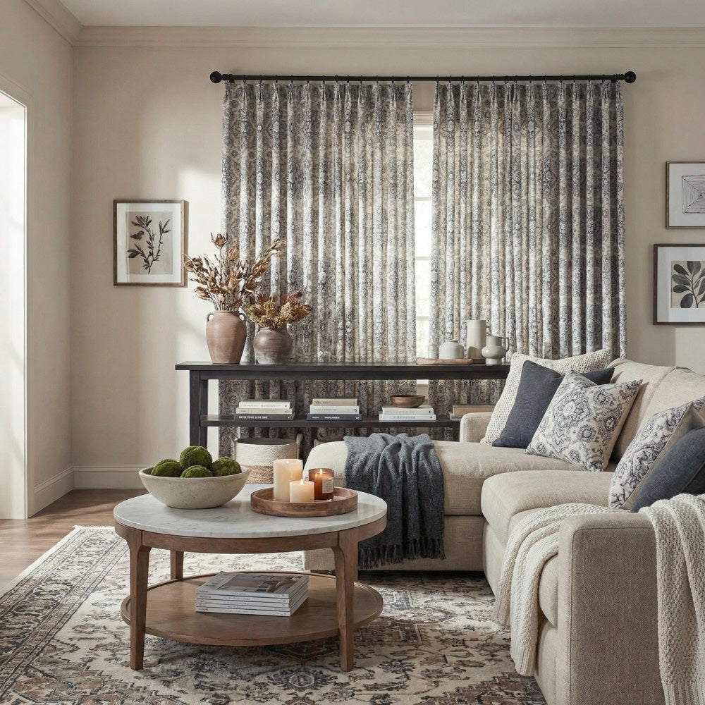 Rossa Grey Blue French Country Style Damask Custom Curtains