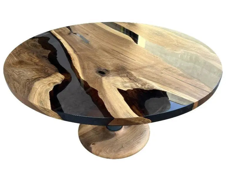 Custom Round Epoxy Resin Walnut Dining - Kitchen Table With Wood Base