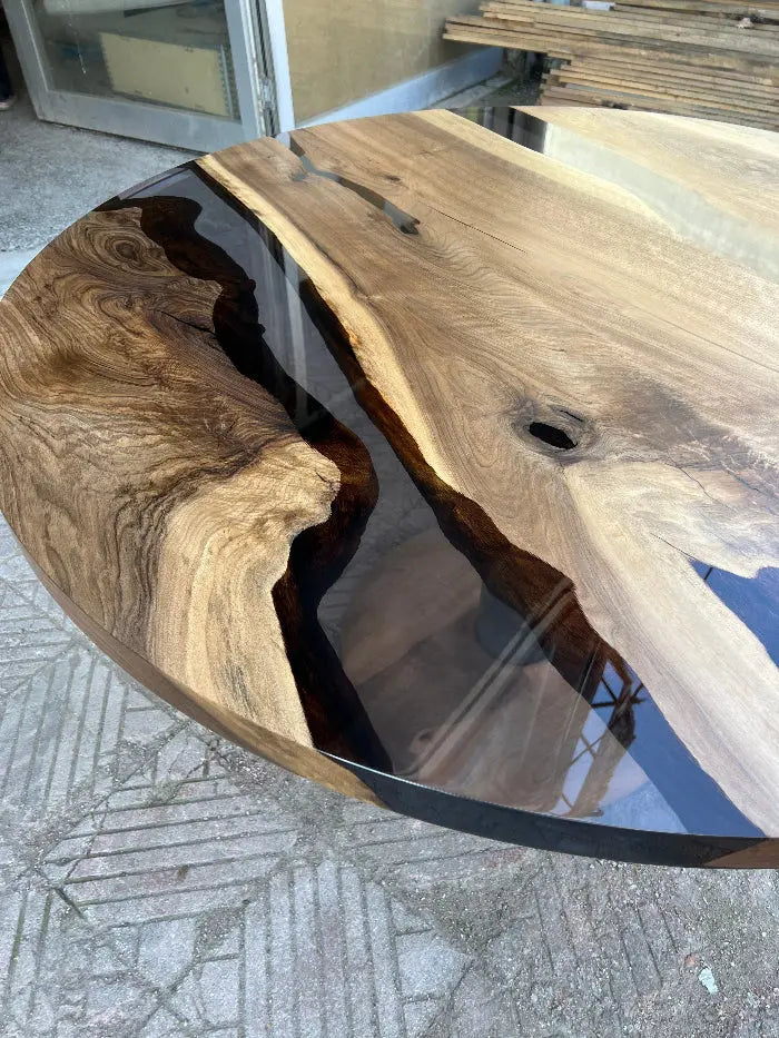 Custom Round Epoxy Resin Walnut Dining - Kitchen Table With Wood Base