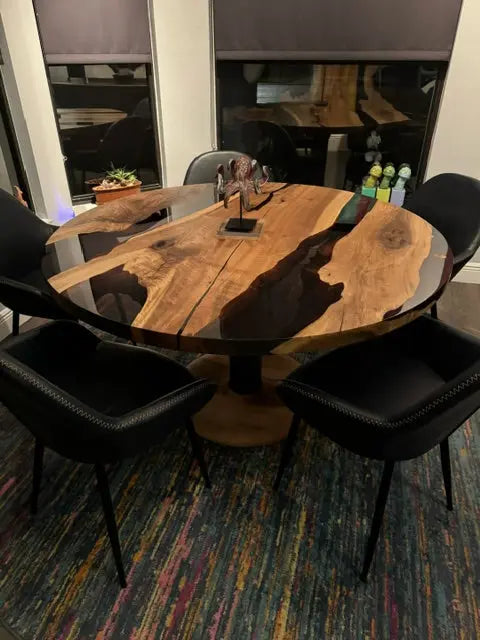 Custom Round Epoxy Resin Walnut Dining - Kitchen Table With Wood Base