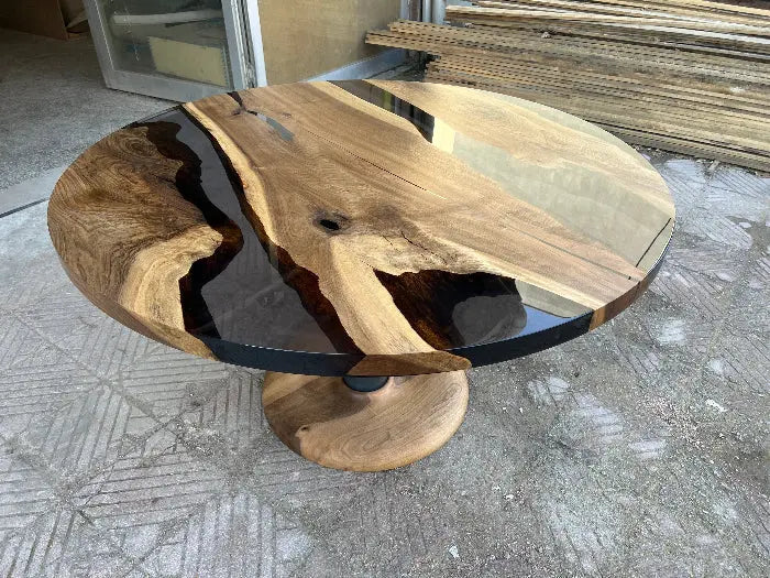 Custom Round Epoxy Resin Walnut Dining - Kitchen Table With Wood Base