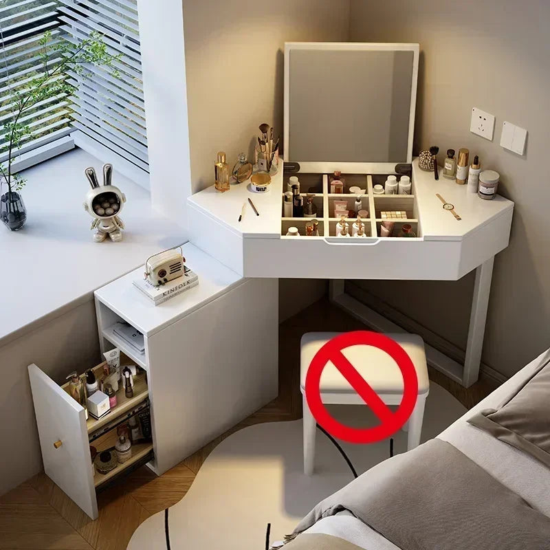 Modern Corner Dressing Vanity with Mirror and Makeup Vanity Set with Charging Station for Bedroom/Cloakroom Wooden Vanity Table