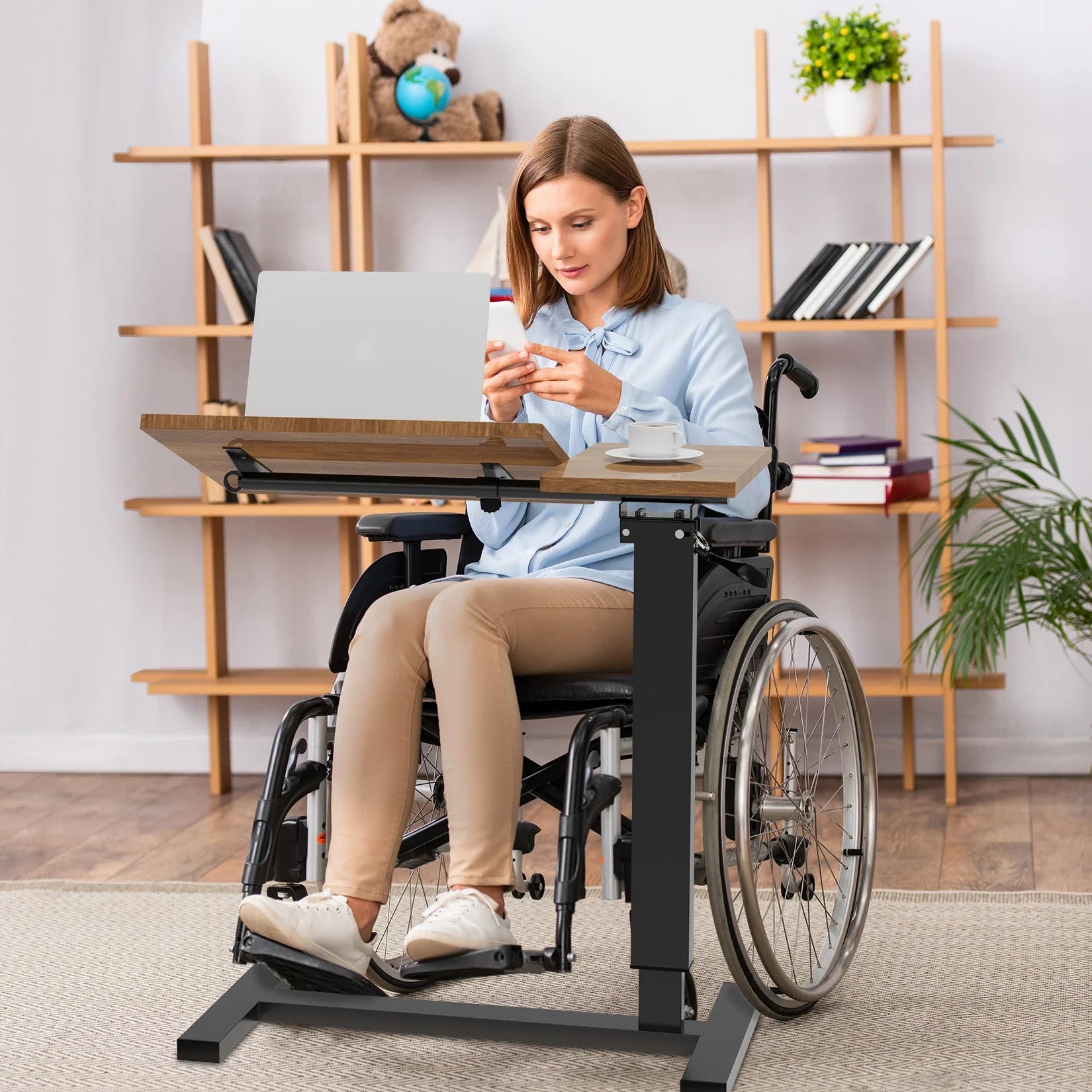 Adjustable Overbed Table with Wheels Split Top Tilting Bedside Bed Table with Tray Rolling Laptop Computer Standing-2