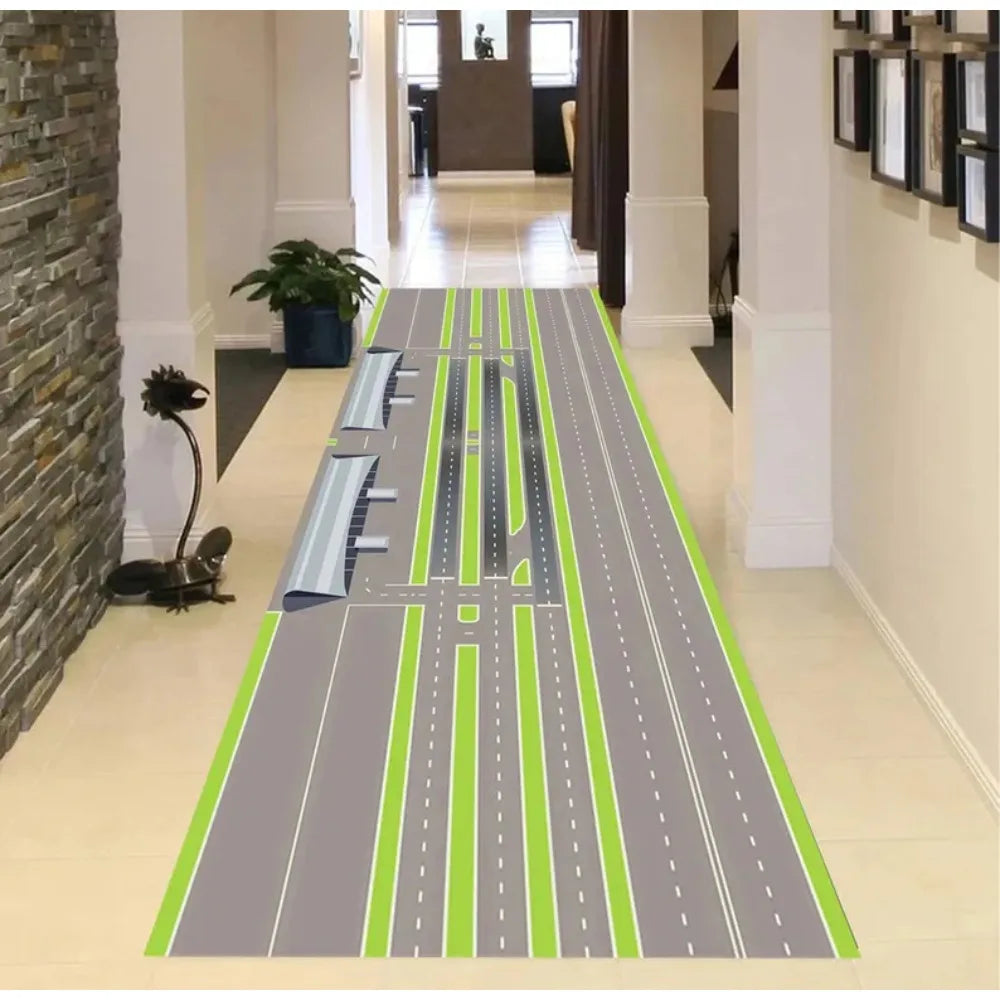Realistic Airport Runway Carpet Mat Rug, Aviation Theme & Interactive home decoration with Grey Green Tone for Hallway Playroom