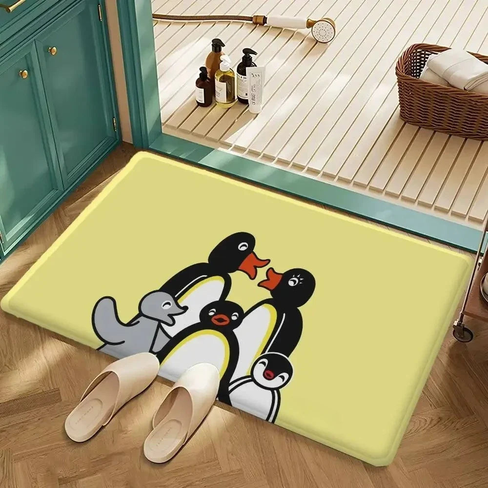 Adorable Pingu Pattern Non Slip Absorbent Door Mat Cute Cartoon Design Home Decor Rug for Bathroom Bedroom Quick Dry Durable