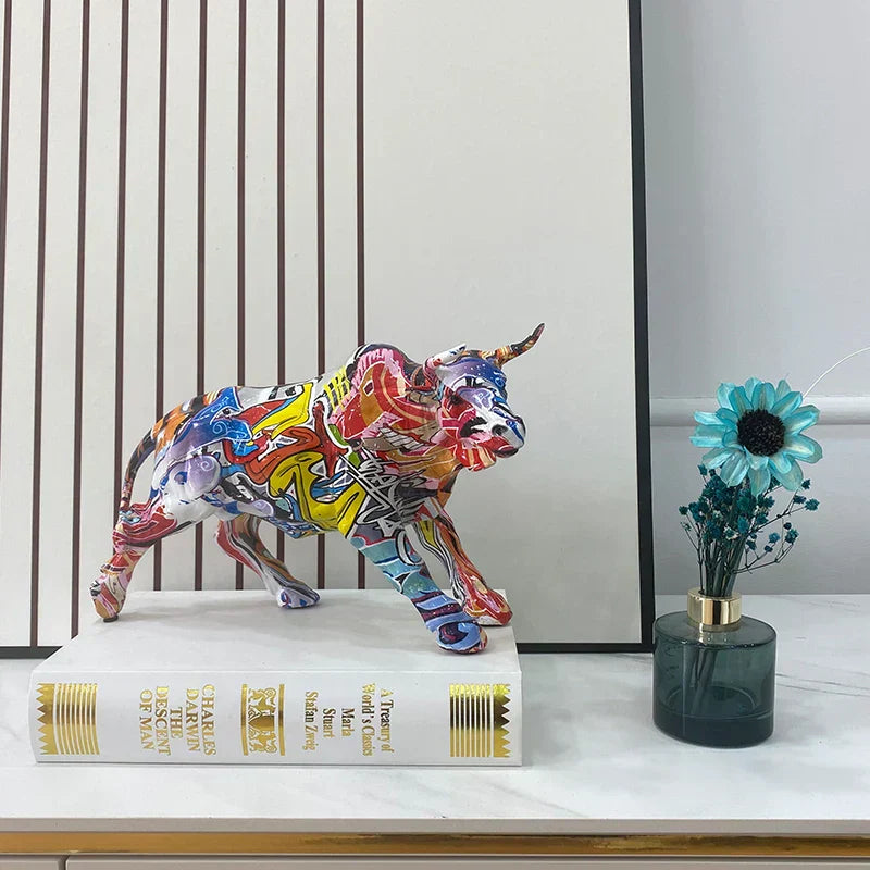 Graffiti Bull Figurine: Artistic Feng Shui Decor for Home and Office-2