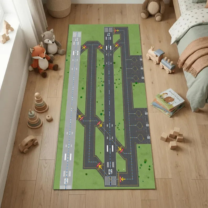 Realistic Airport Runway Carpet Mat Rug, Aviation Theme & Interactive home decoration with Grey Green Tone for Hallway Playroom