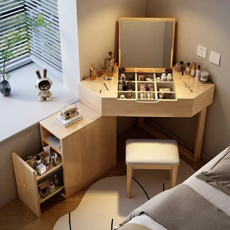 Modern Corner Dressing Vanity with Mirror and Makeup Vanity Set with Charging Station for Bedroom/Cloakroom Wooden Vanity Table