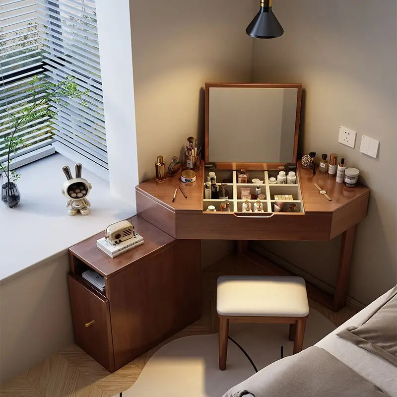 Modern Corner Dressing Vanity with Mirror and Makeup Vanity Set with Charging Station for Bedroom/Cloakroom Wooden Vanity Table