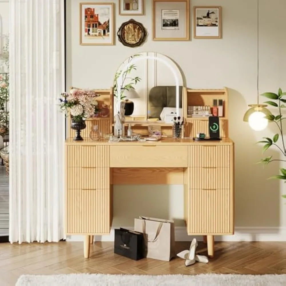 Make up Vanity Desk with Mirror and Lights, Vanity Desk with 7 Drawers and Storage, Modern Dressers for Bedroom, Wood Color Arc