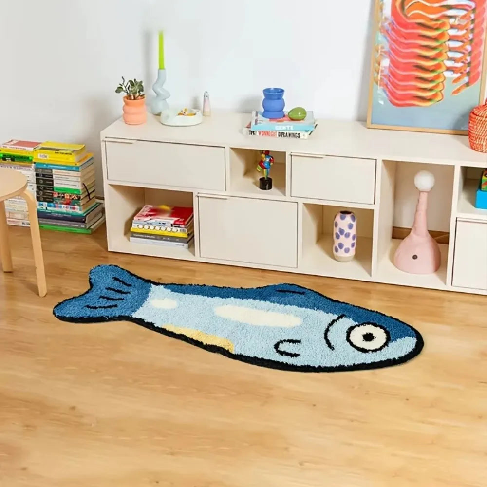 VIKAMA Fun Cartoon Fish Shaped Plush Rug Ins Style Children's Room Bedside Living Room Decor Rug Home Decoration