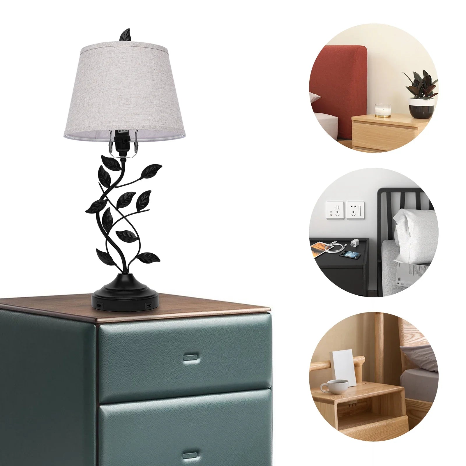 French Romantic Flower Desktop Decorative Light Home Living Room Bedside Table Black Leaf Table Lamps USB-0