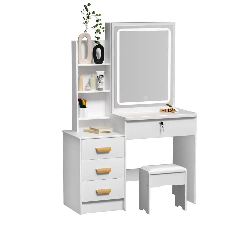 Makeup Vanity Desk with LED Lighted Mirror, Vanity Table with 4 Drawers and Opening Shelves, Bedroom Dressing Table with Stool