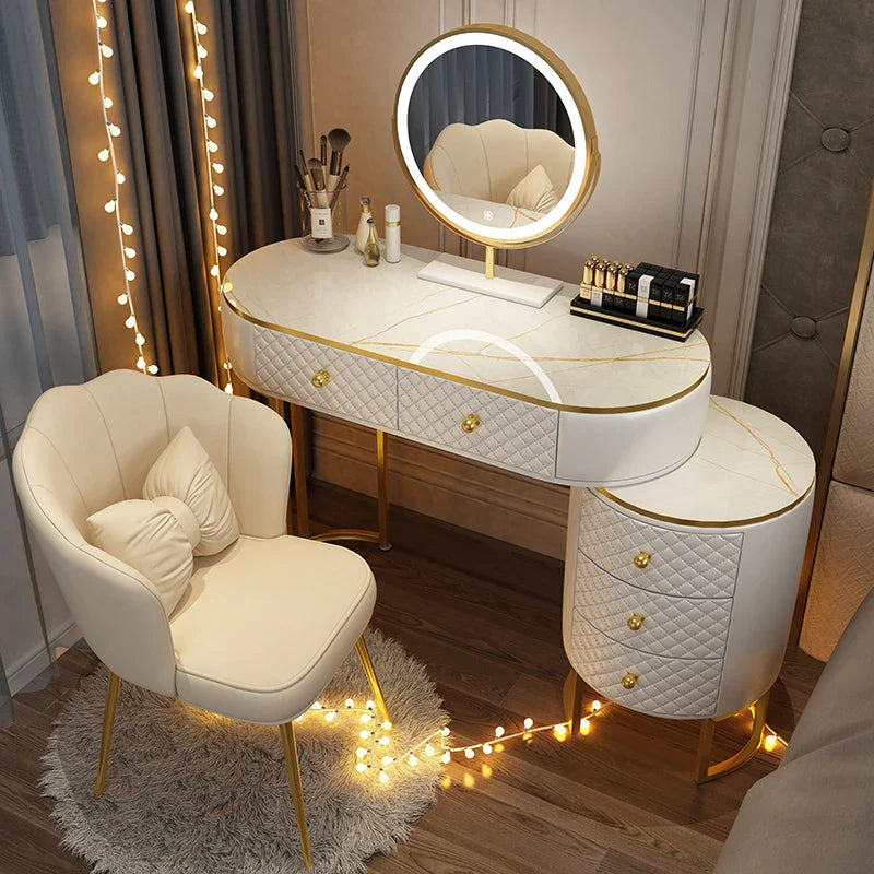 Nordic vanity chair white bedroom LED light Dresser storage cabinet makeup Dressing table light mirror stool bedroom furniture