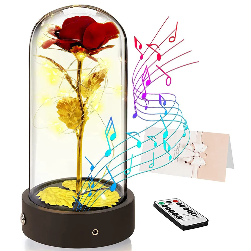 Music Rotated Beauty and The Beast Rose Glass Dome Valentine's Day Gift Room Decoration Forever Rose with LED Lights Rose Flower-7