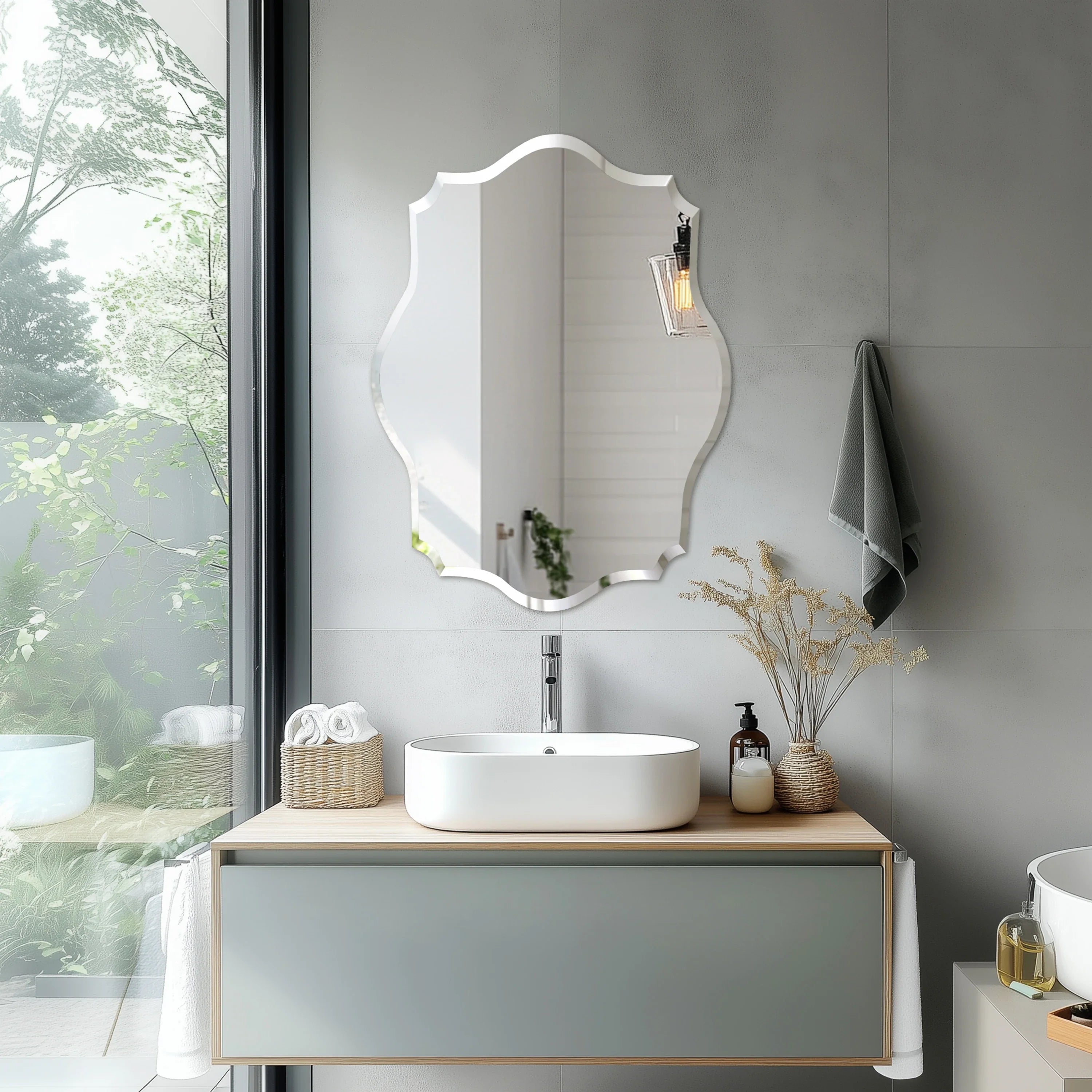 Wisfor Wall Mirror Scalloped Frameless Beveled Edge Polished for Bathroom, Living Room, Vanity, Bedroom, Slive Mirror