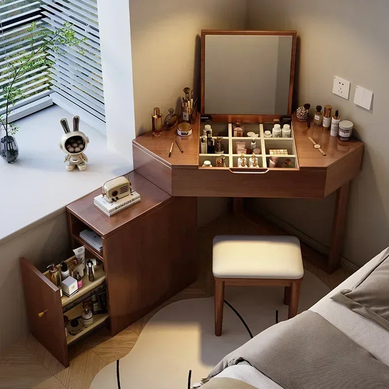 Modern Corner Dressing Vanity with Mirror and Makeup Vanity Set with Charging Station for Bedroom/Cloakroom Wooden Vanity Table