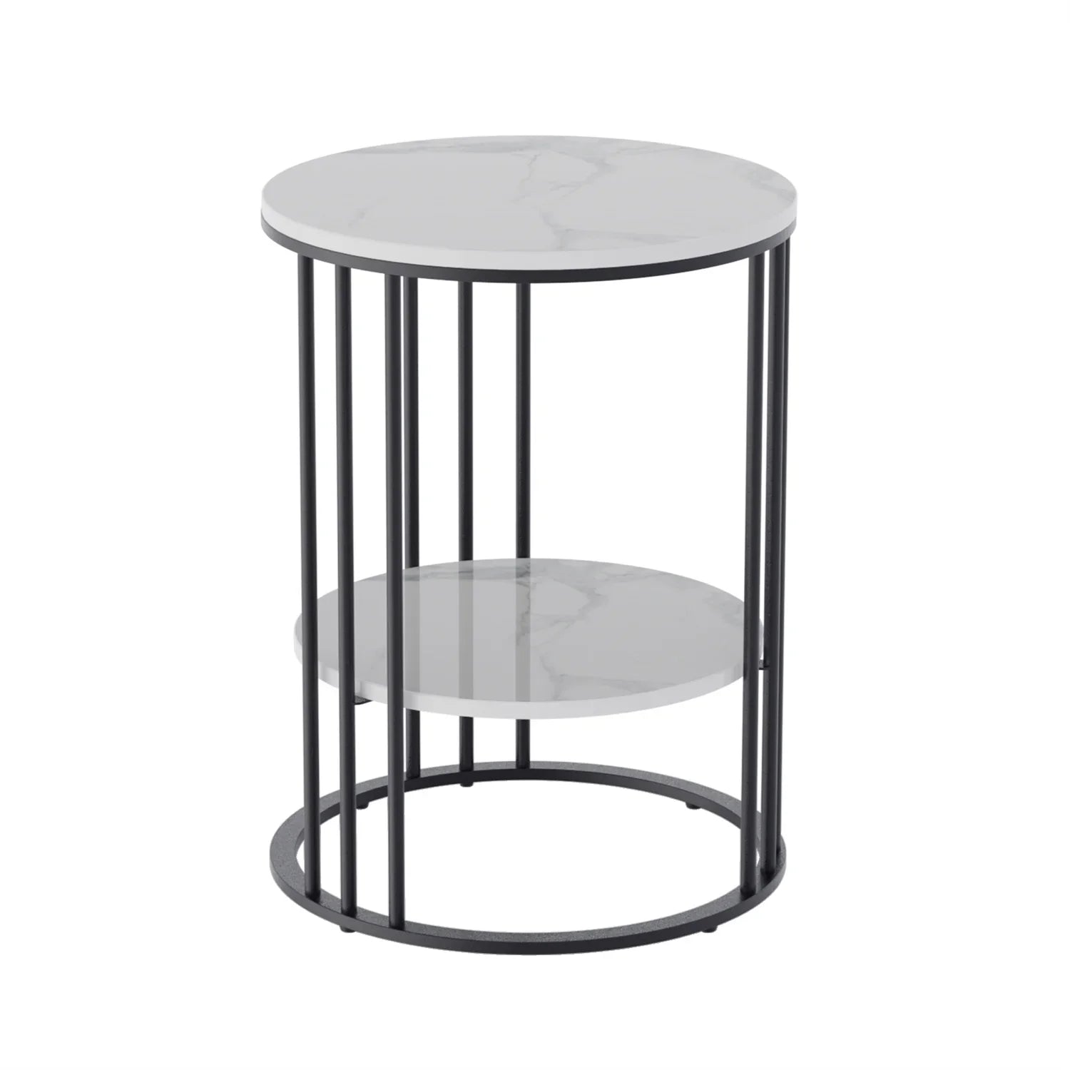 2 Tier Sintered Stone End Table Round White Sofa Side TableSmall Coffee Table with Black Frame - Modern Bedside Nightstand-5