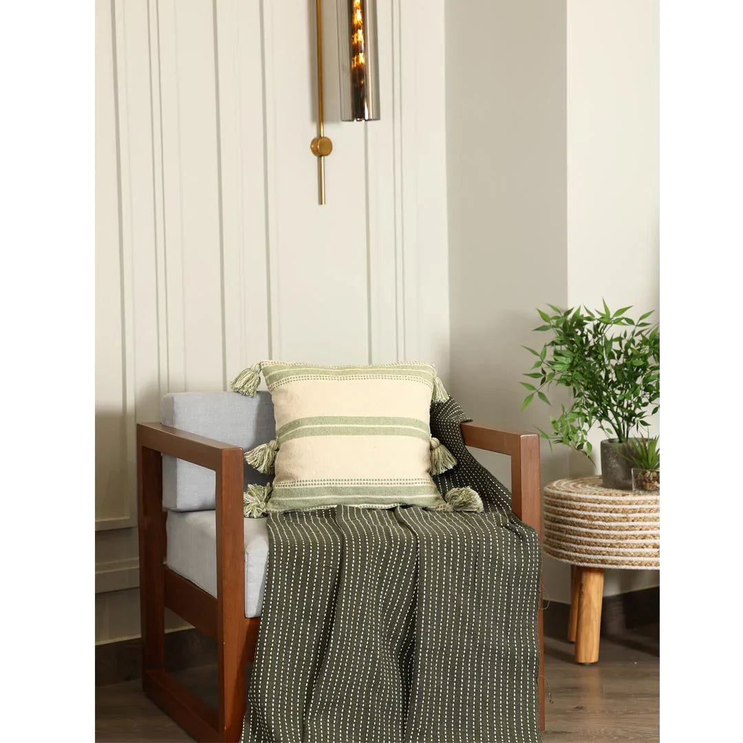 Sage Green Cushion Cover with Tassels | 40x40cm | Striped Cotton | Handmade-3