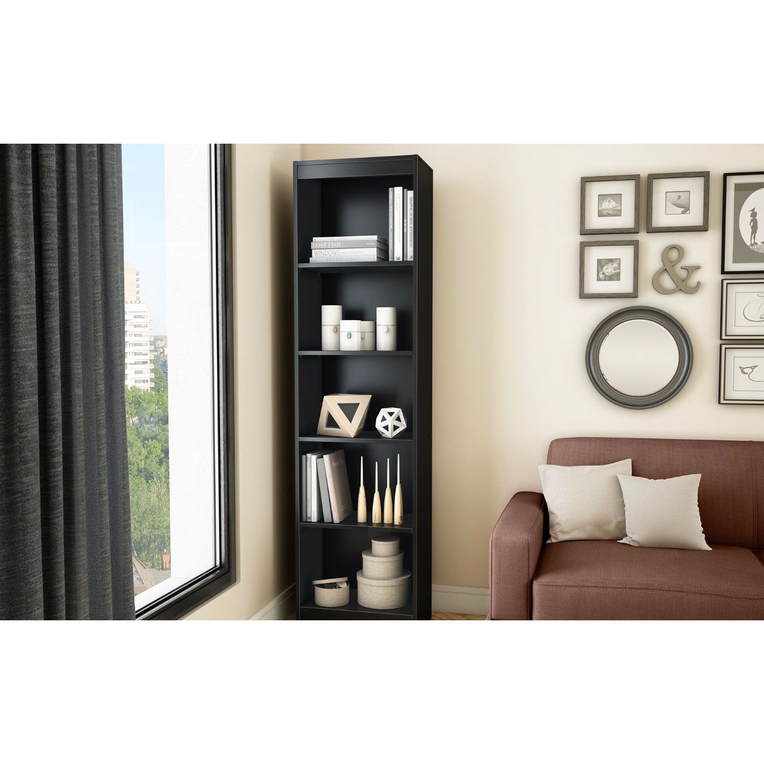 5-Shelf Narrow Bookcase Black Finish-1