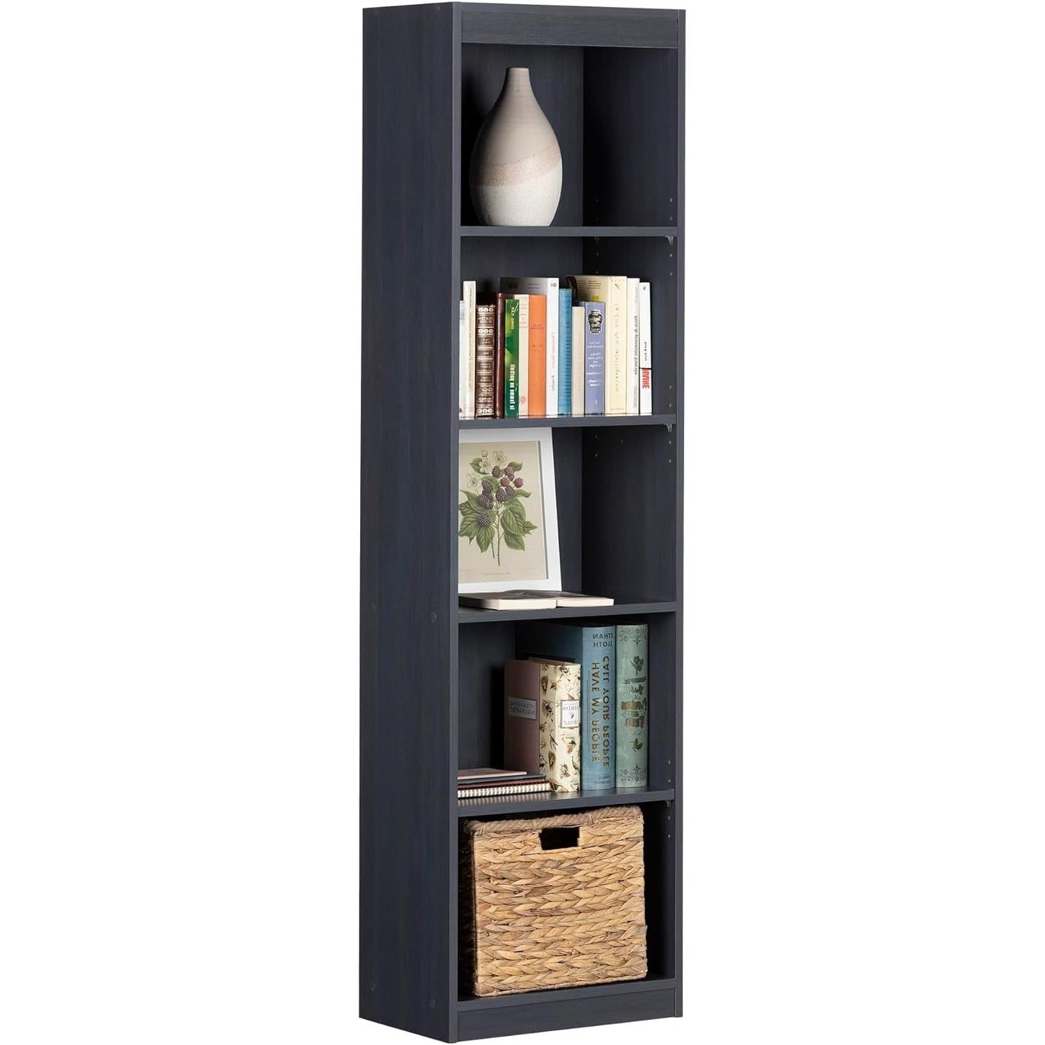 Narrow 5-Shelf Bookcase Slim Storage Shelving Unit Dark Blue Black Wood Finish-0