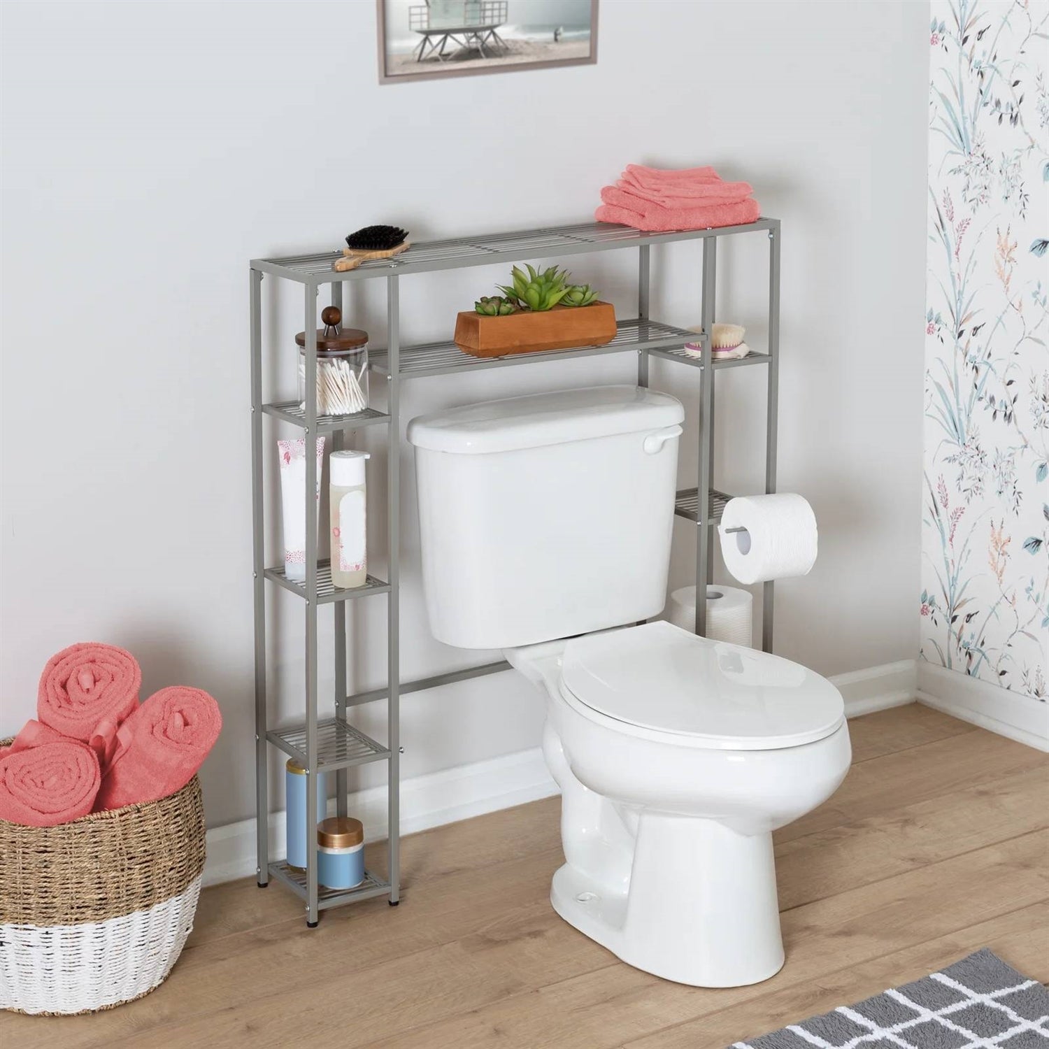 Over the Toilet Freestanding Bathroom Shelving Unit Shelf in Silver Metal Finish-2