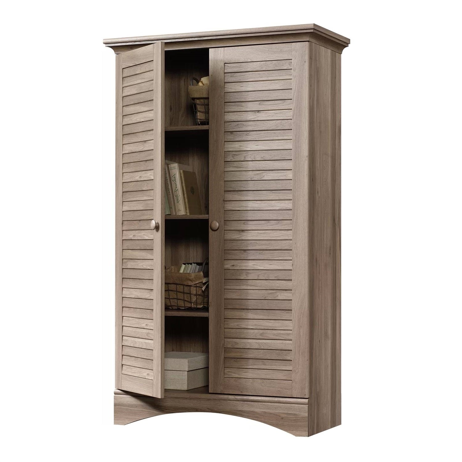 Farmhouse Armoire Storage Cabinet w/ Louver Doors in Light Brown Oak Wood Finish-2