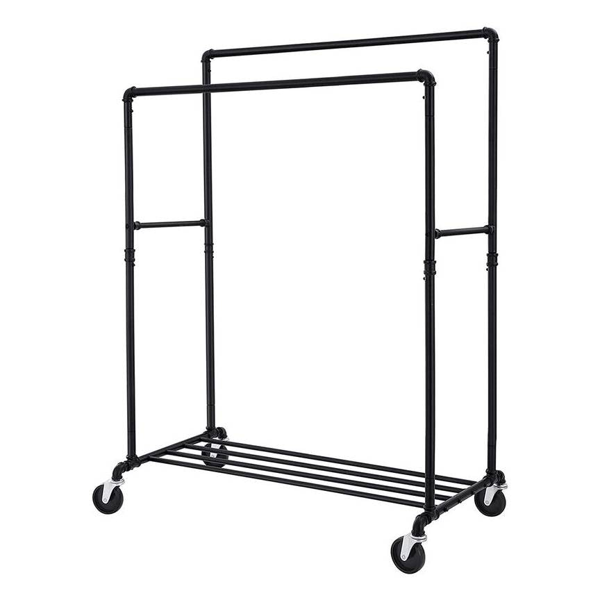 Heavy Duty Rustic Pipe Black Double-Rail Clothes Garment Rack w/ Locking Wheels-0