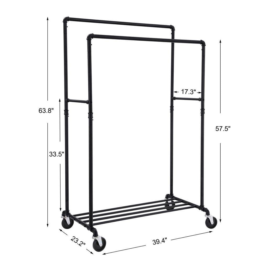 Heavy Duty Rustic Pipe Black Double-Rail Clothes Garment Rack w/ Locking Wheels-4