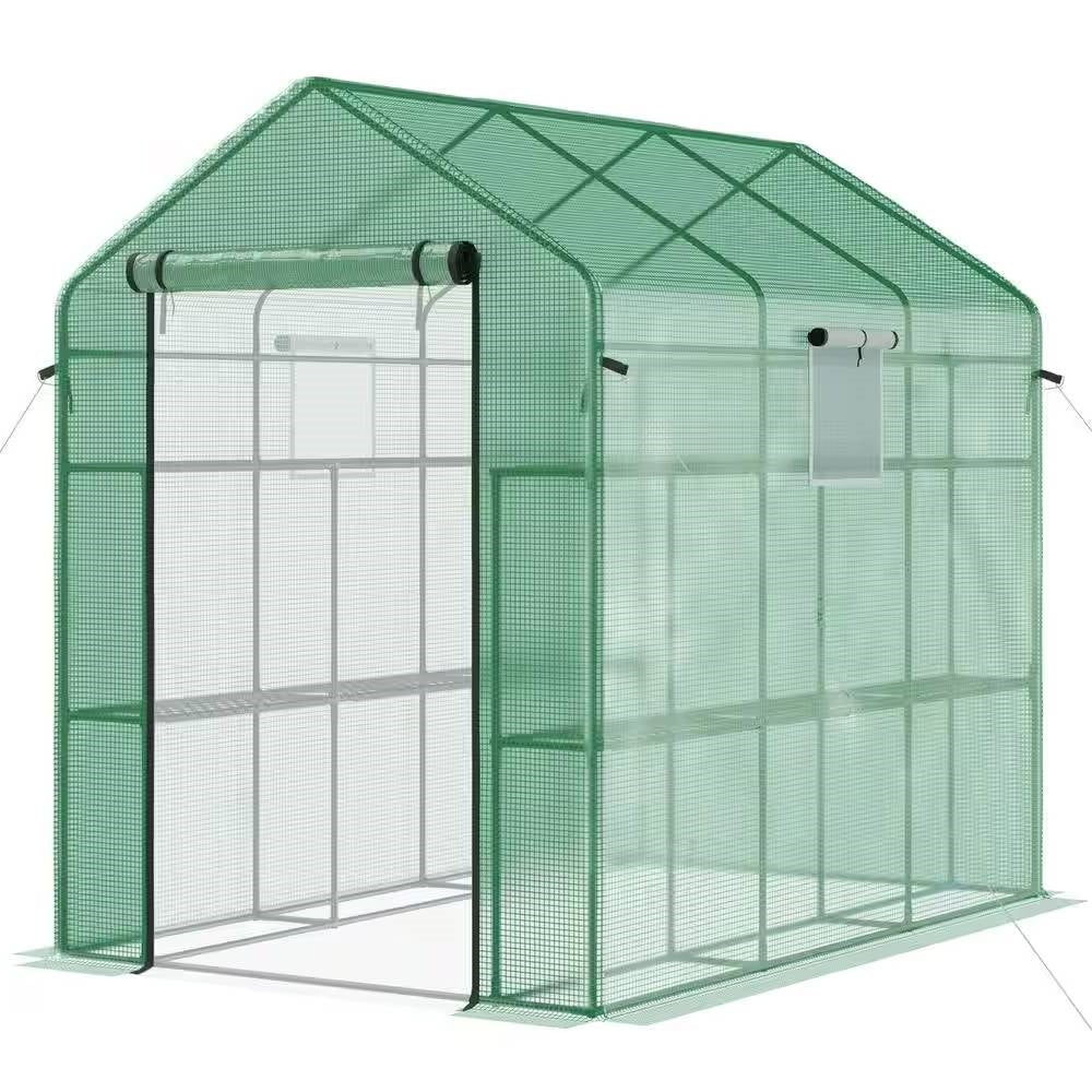 7 ft x 4.7 ft Oudoor Greenhouse with Steel Frame and Green PE Cover-0