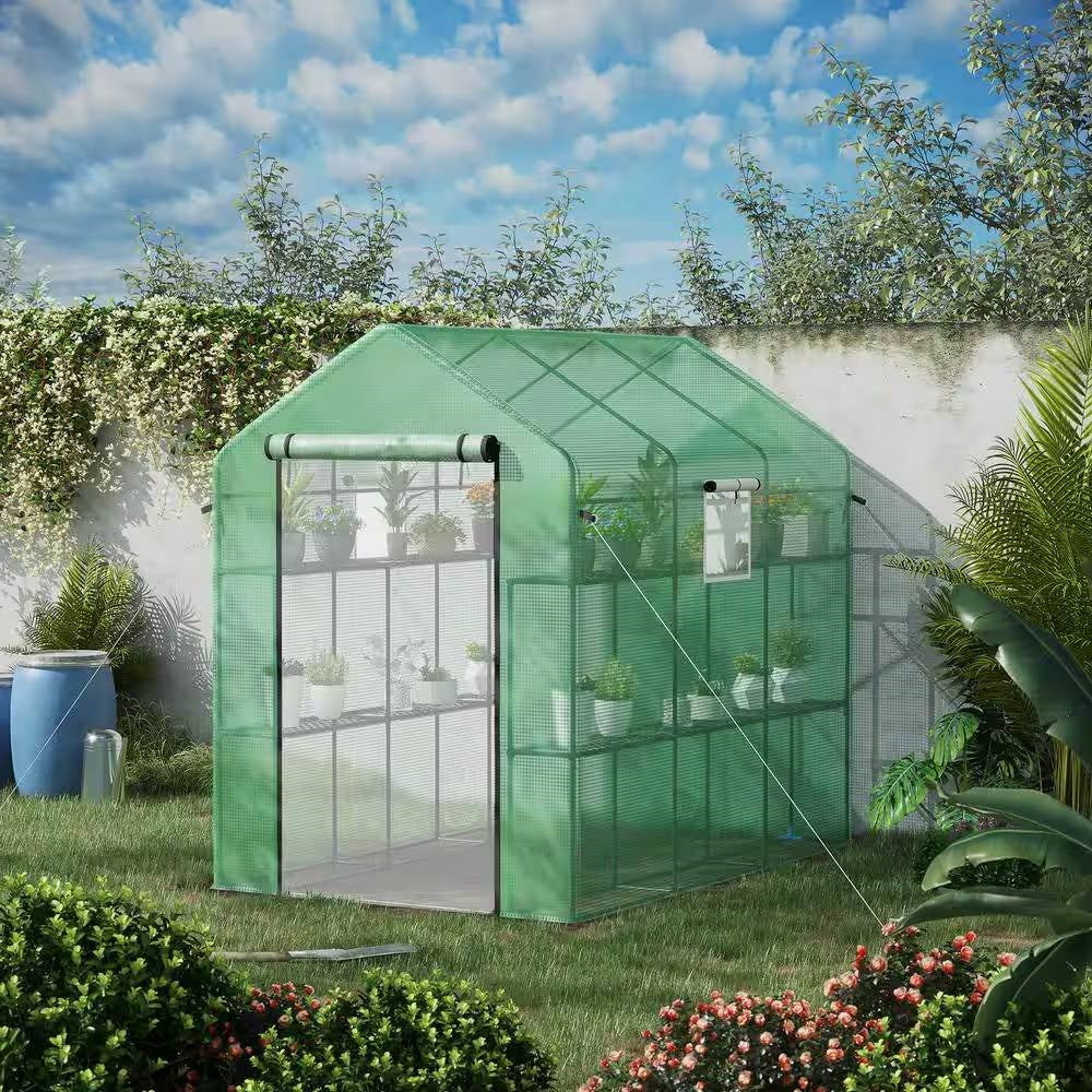 7 ft x 4.7 ft Oudoor Greenhouse with Steel Frame and Green PE Cover-1