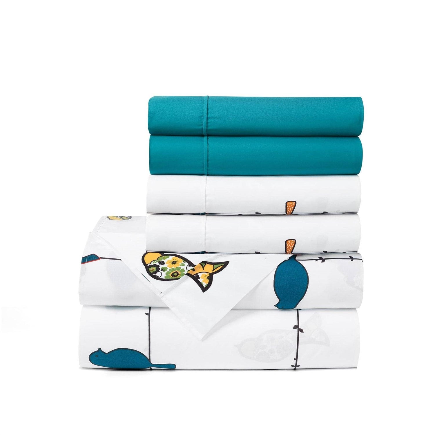 Queen Teal Yellow White Floral Birds on Wire Soft Polyester 6 Piece Sheet Set-1