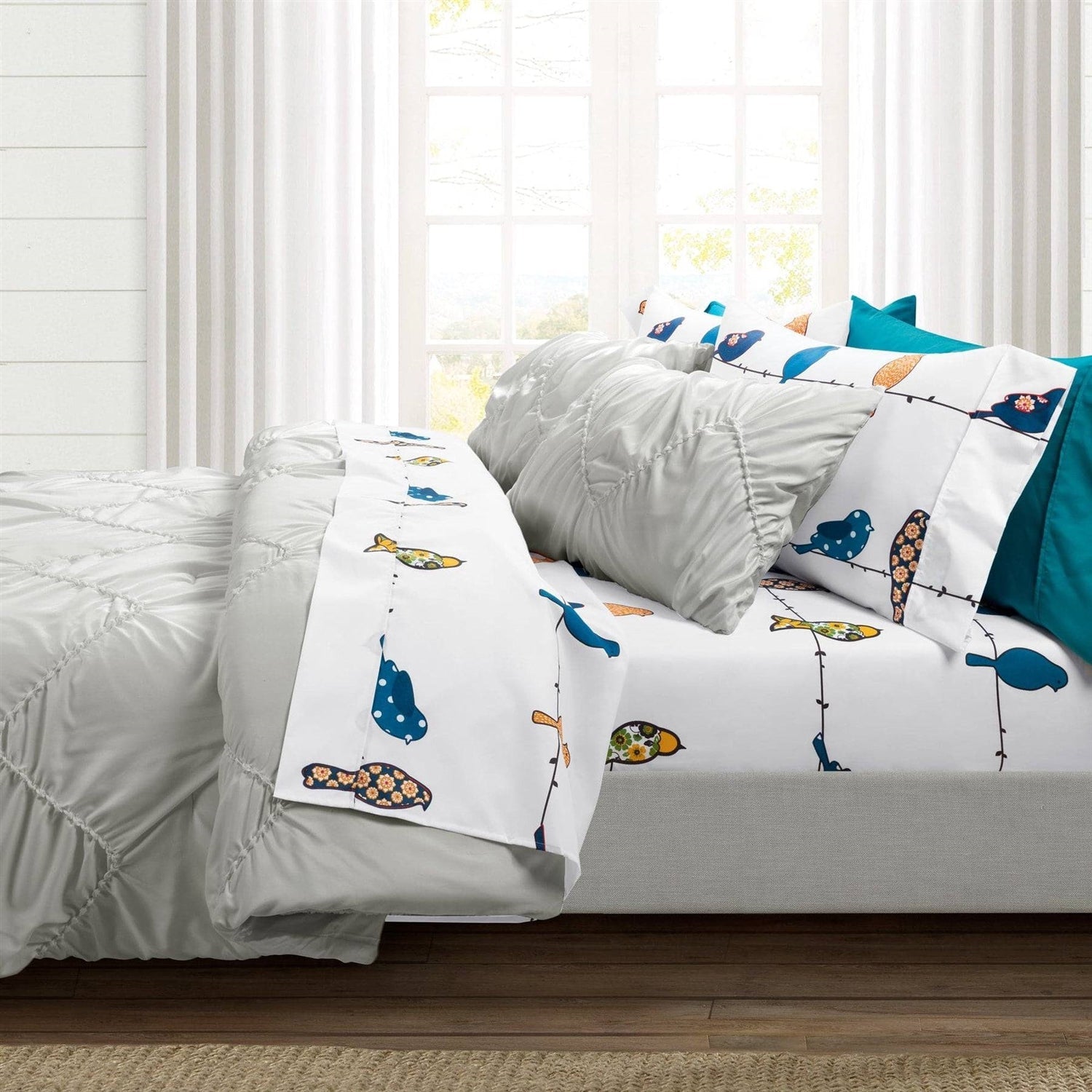 Queen Teal Yellow White Floral Birds on Wire Soft Polyester 6 Piece Sheet Set-2