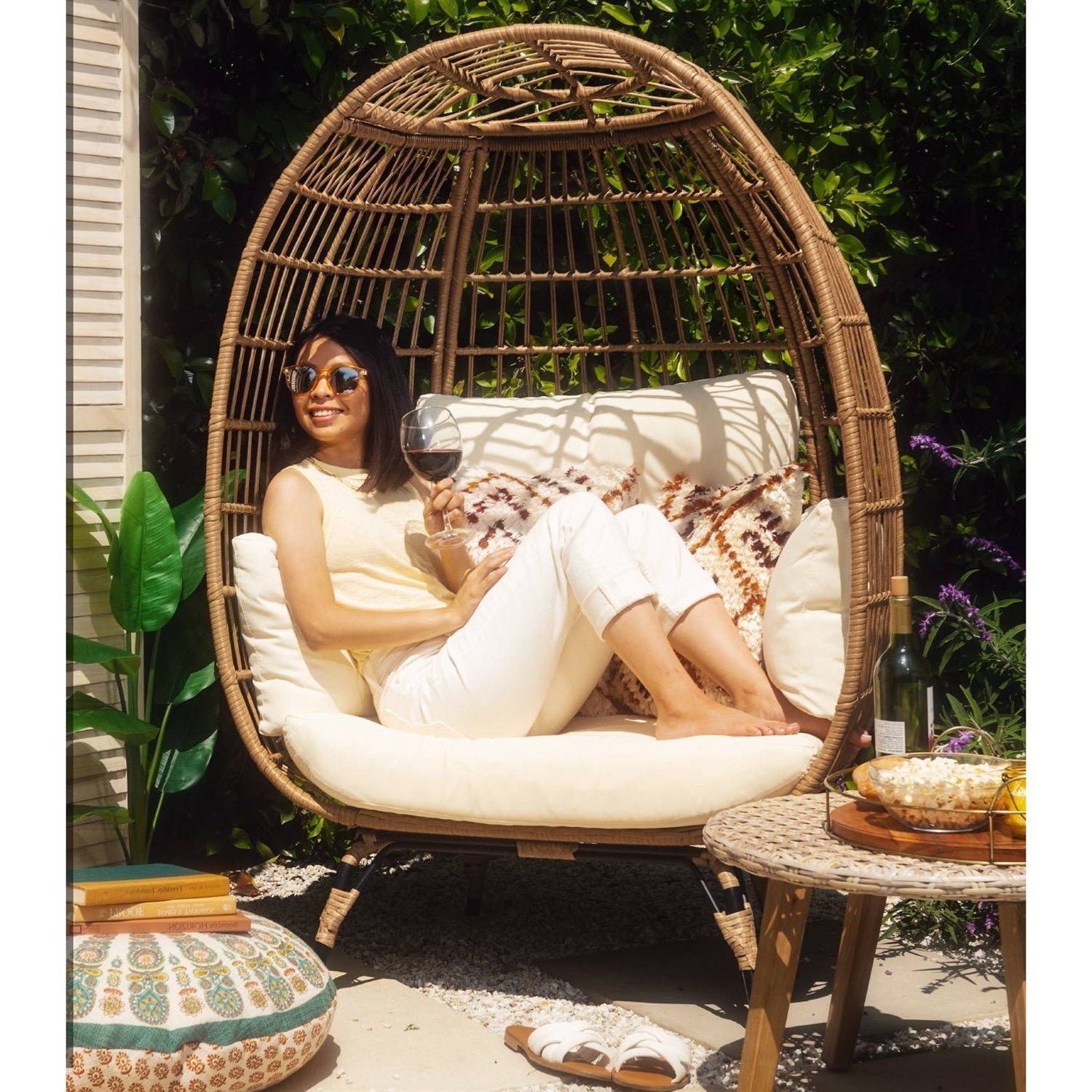 Oversized Patio Lounger Indoor/Outdoor Wicker Egg Chair Off White-1