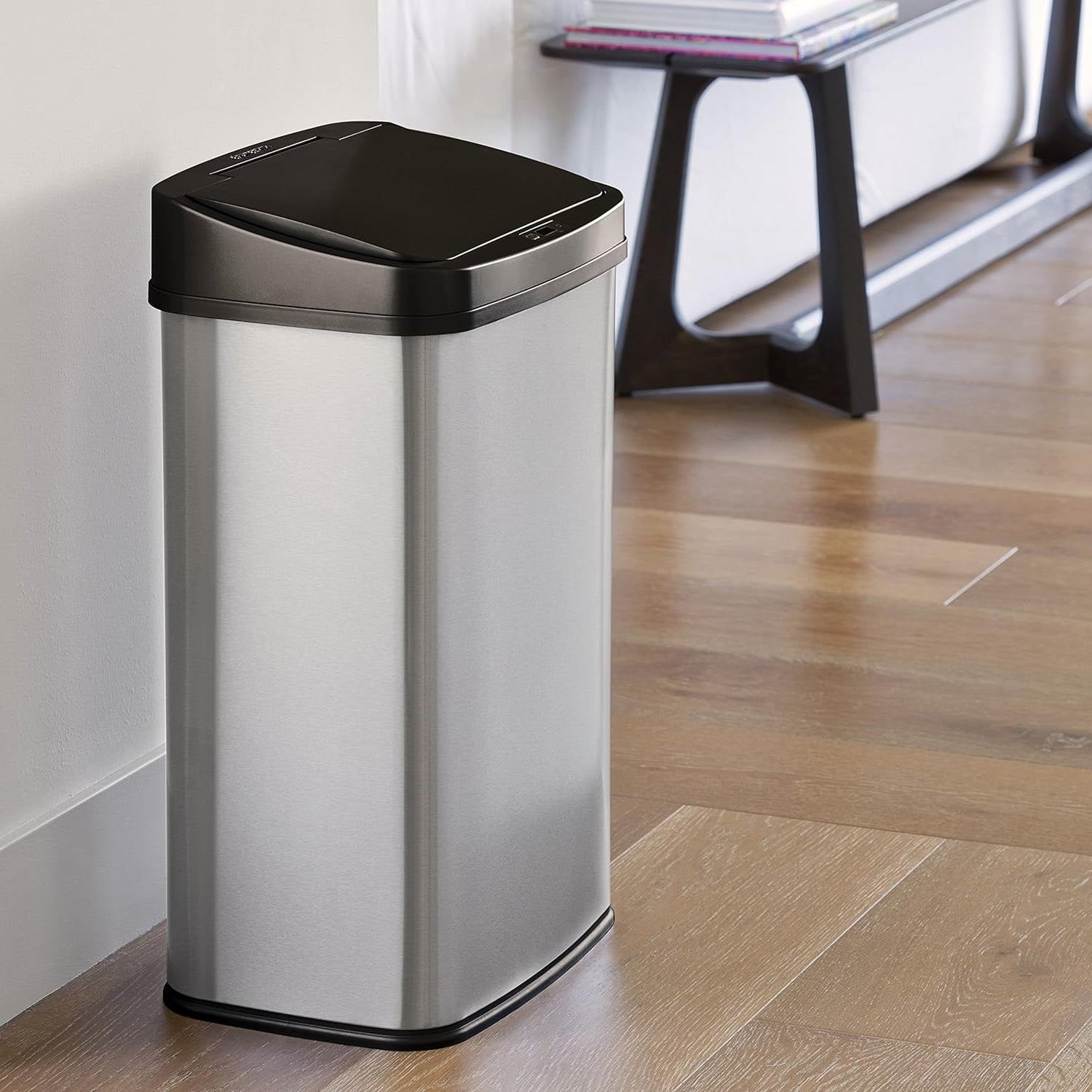 Silver/Black 13-Gallon Stainless Steel Kitchen Trash Can with Motion Sensor Lid-3