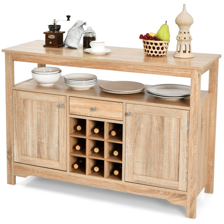 Wood Sideboard Dining Buffet Server Cabinet with Wine Rack and Storage Shelf-0