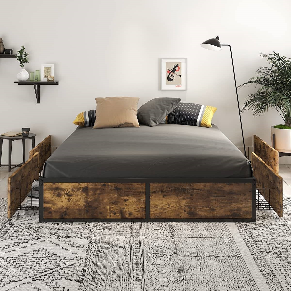 Queen Metal Wood Platform Bed Frame with 4 Storage Drawers - 800 lbs Max Weight-1