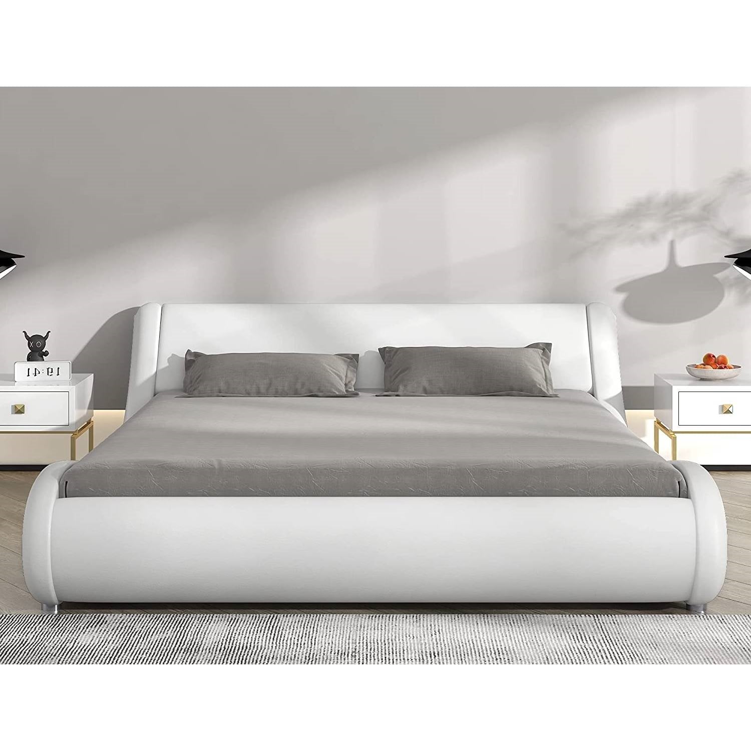 King Modern White Faux Leather Upholstered Platform Bed Frame with Headboard-0