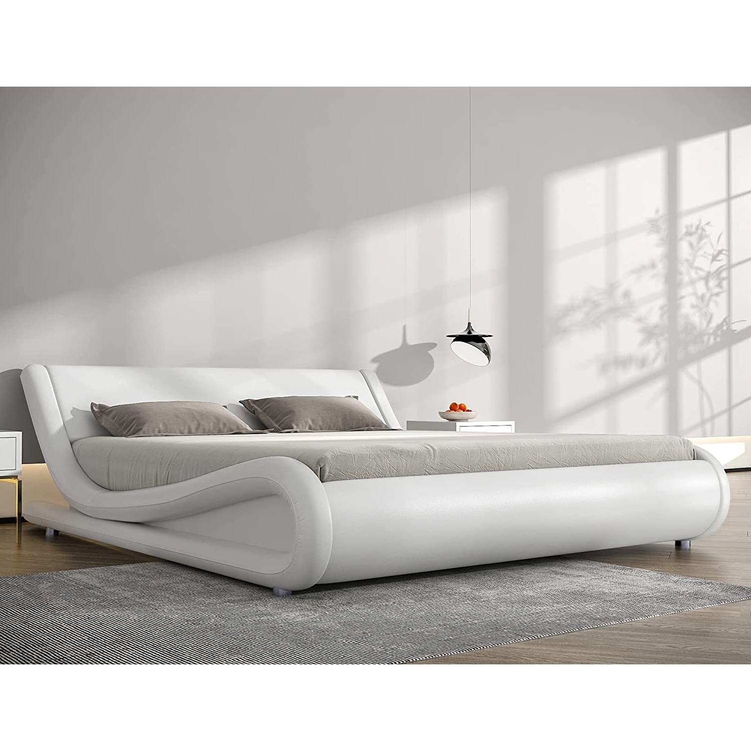 King Modern White Faux Leather Upholstered Platform Bed Frame with Headboard-1