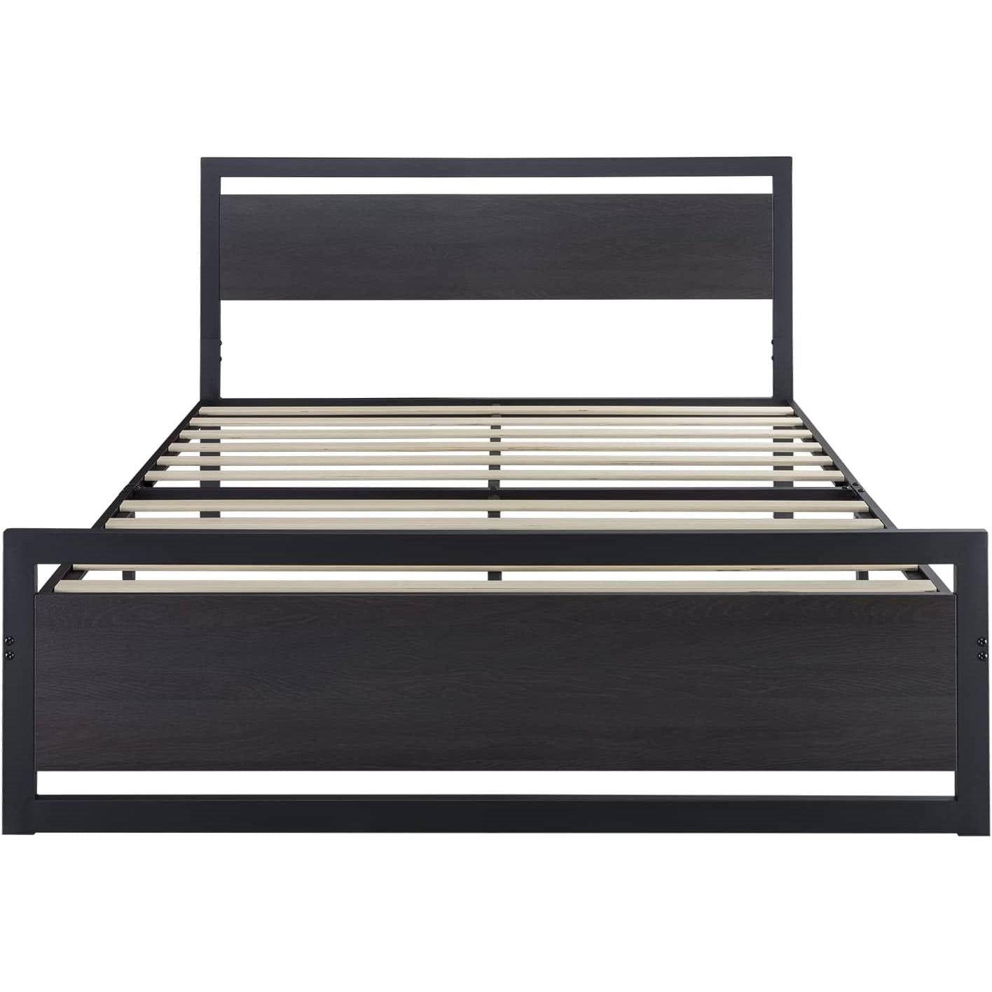 Full Black Metal Platform Bed Frame with Wood Panel Headboard and Footboard-0