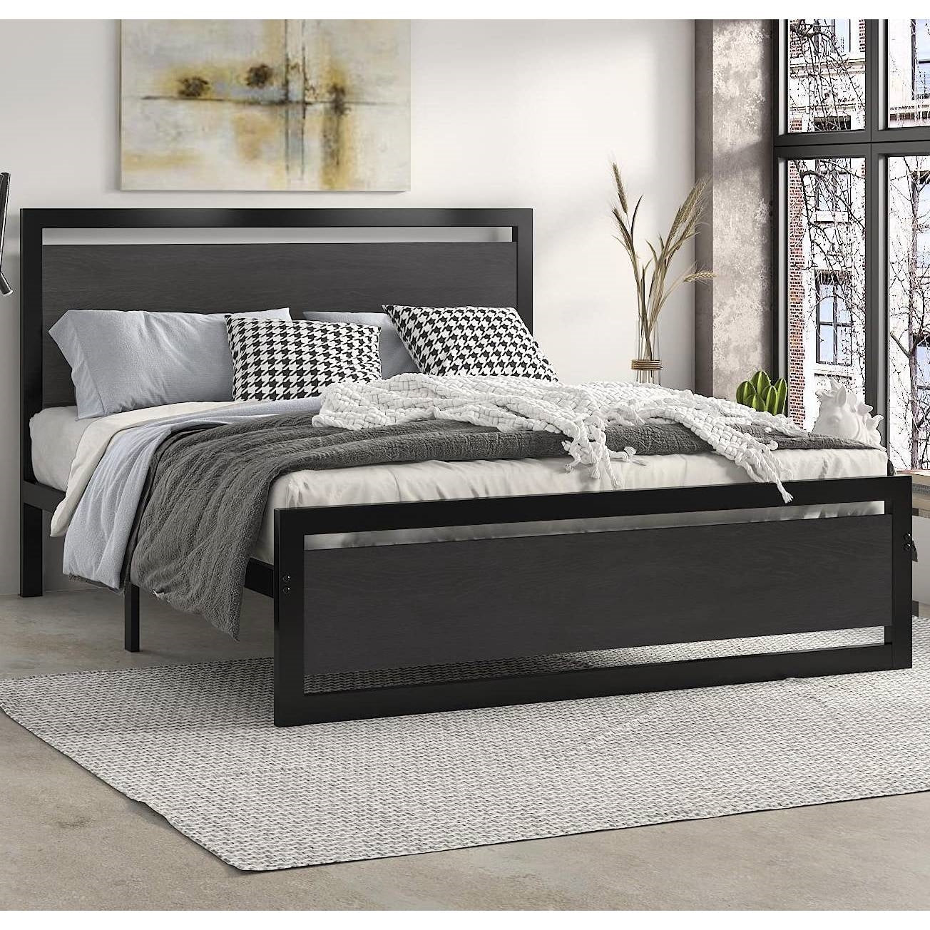 Full Black Metal Platform Bed Frame with Wood Panel Headboard and Footboard-3