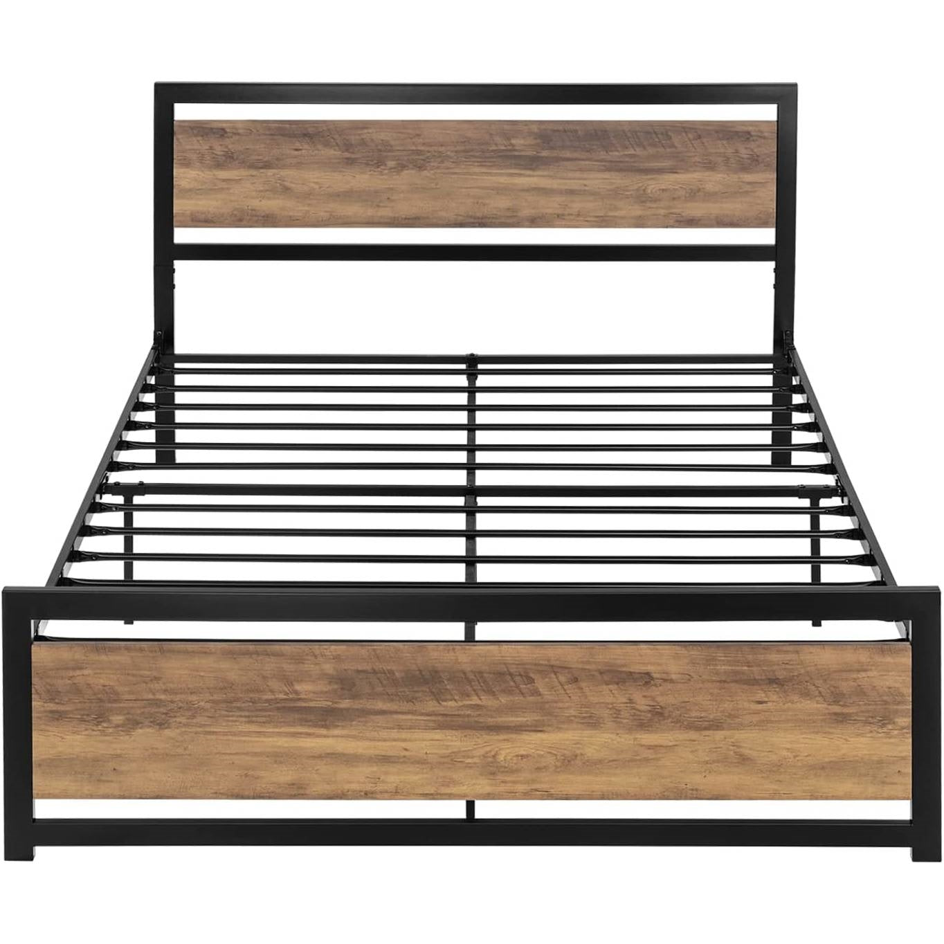 Full Metal Platform Bed Frame with Brown Wood Panel Headboard and Footboard-0