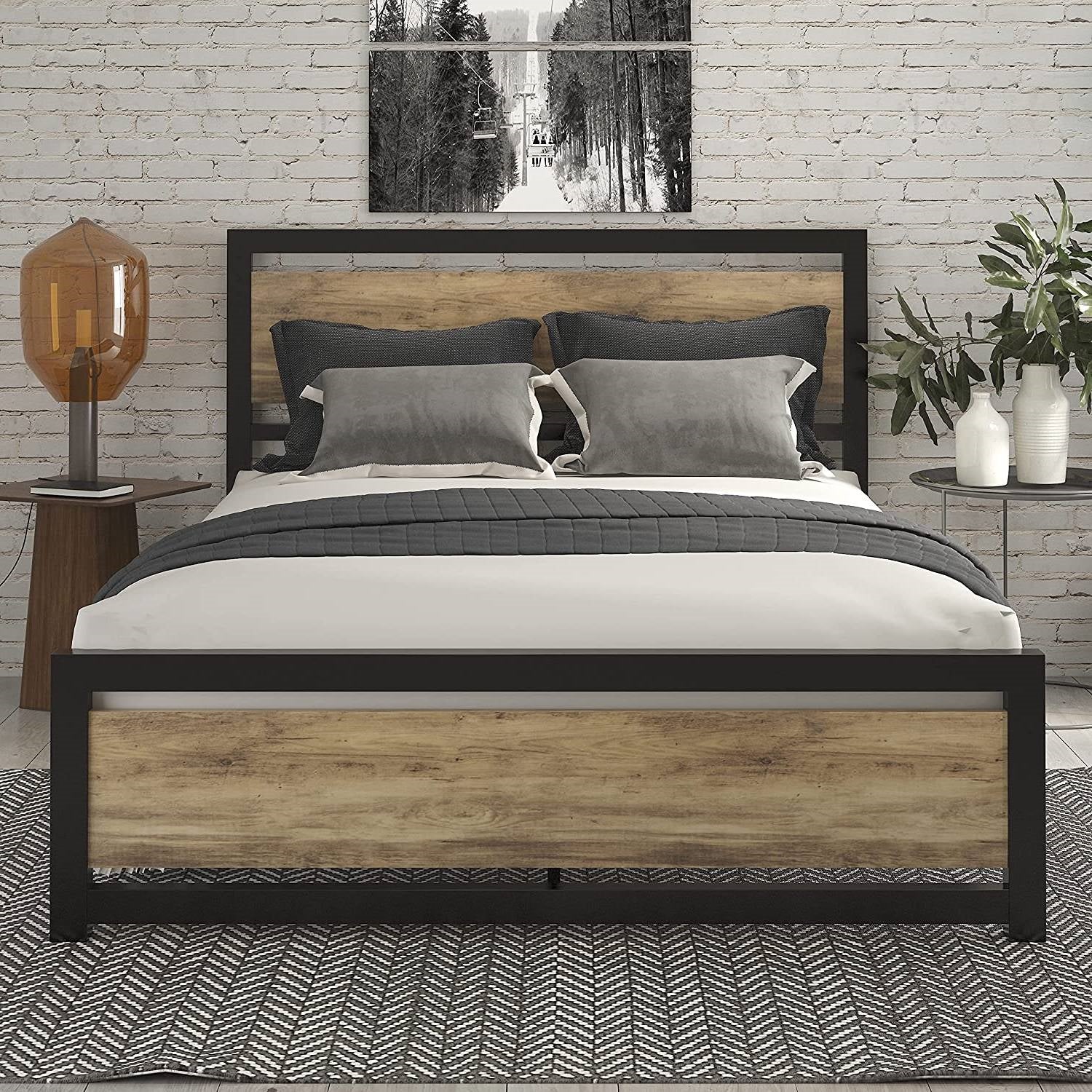 Full Metal Platform Bed Frame with Brown Wood Panel Headboard and Footboard-1