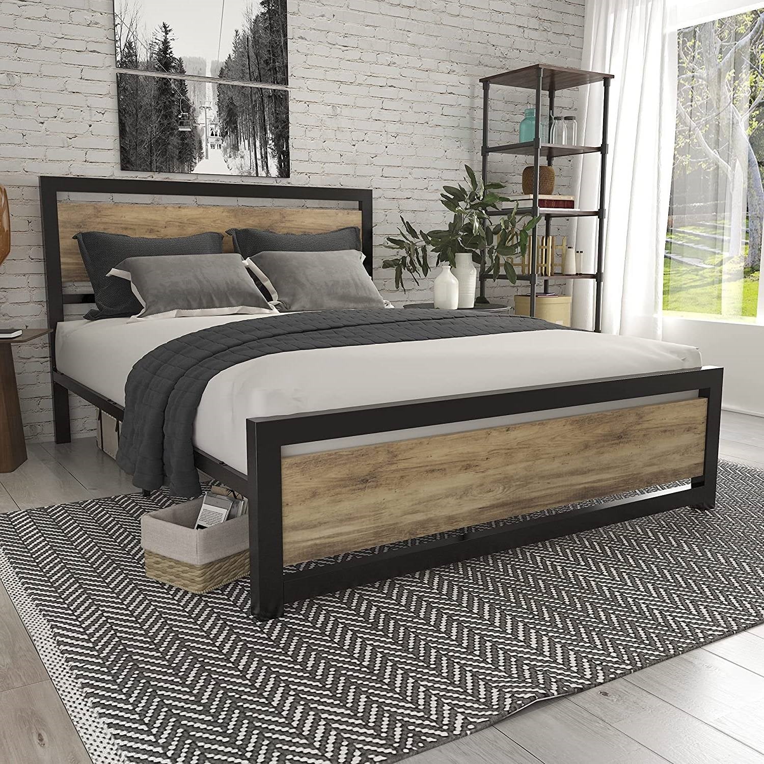 Full Metal Platform Bed Frame with Brown Wood Panel Headboard and Footboard-2