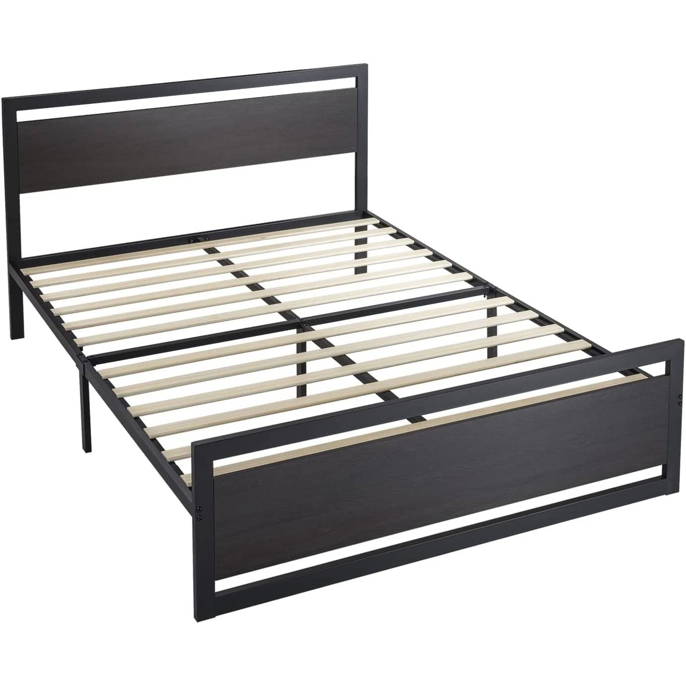 Queen Black Metal Platform Bed Frame with Wood Panel Headboard and Footboard-1