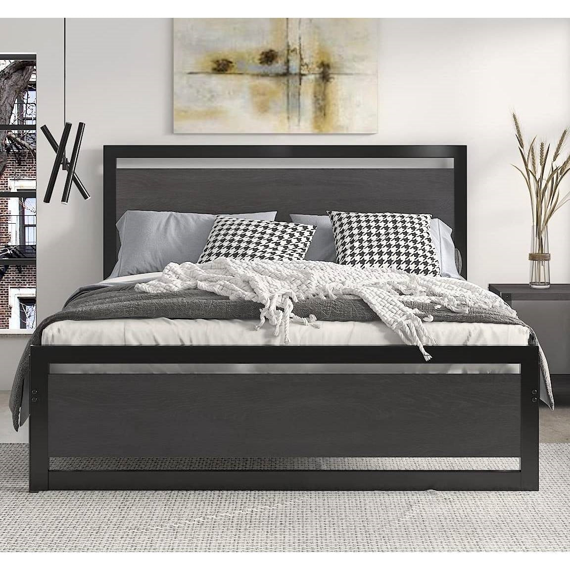 Queen Black Metal Platform Bed Frame with Wood Panel Headboard and Footboard-2